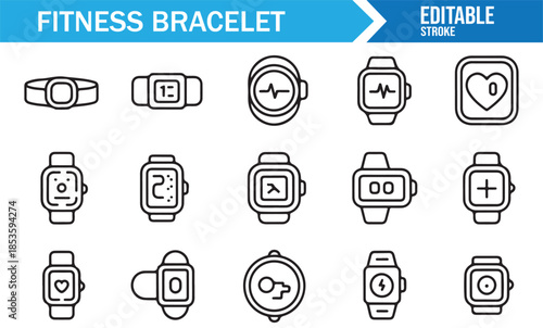 Editable outline fitness bracelet icons on white background