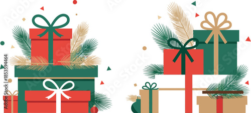 Christmas presents with ribbons and bows on white background with confetti and festive decorations around them