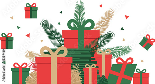 Christmas presents and gift boxes in red green and gold with ribbons and bows on white background festive holiday scene