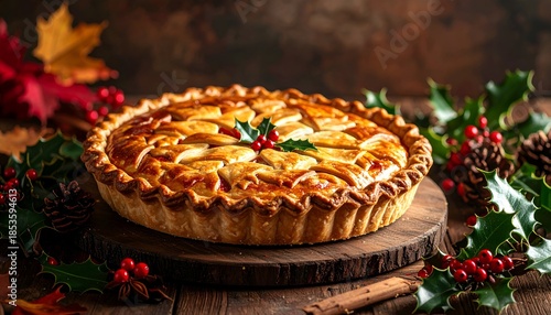 Golden-crusted fruit pie on a wooden board, surrounded by autumn foliage and decor