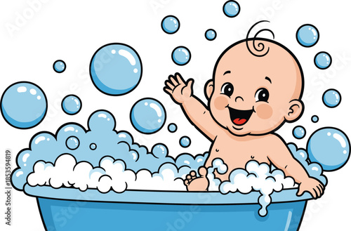 Cartoon baby bath illustration, infant hygiene clipart, playful toddler in tub, soap bubbles vector, cheerful bath time artwork
