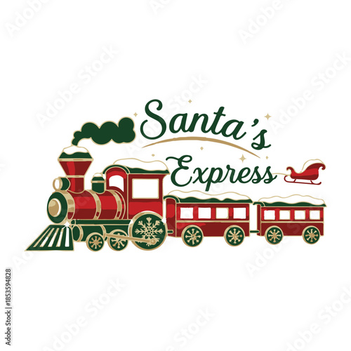Horizontal composition of a red “Santa Express” train with carriages full of presents and trees, decorated with snow and stars. Ideal for web headers, banners, tickets, and party invitations, merry