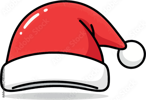 Cartoon santa claus hat with white trim and pom pom on a plain background