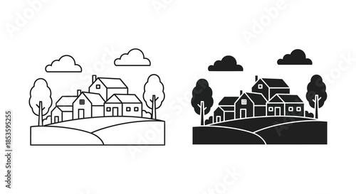Charming rural landscapes featuring houses trees and rolling hills presented in both outlined and solid silhouette
