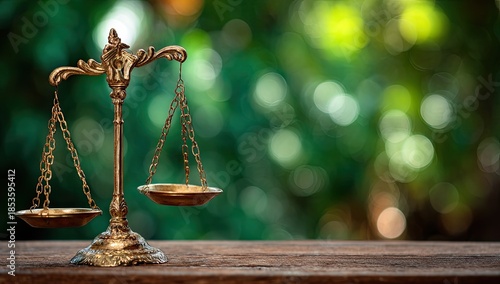 Ornate golden balance scales rest on a weathered wooden surface against a blurred green backdrop