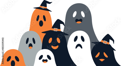 Group of happy halloween ghosts and pumpkins in different colors and sizes