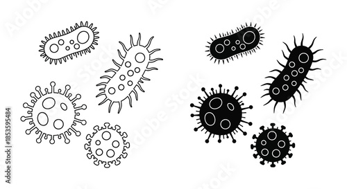 A detailed illustration of various bacteria and virus shapes in a stark black and white silhouette