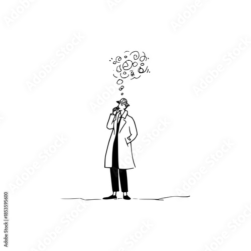 Detective in a trench coat smoking with thought bubbles above his head in a minimalistic line drawing