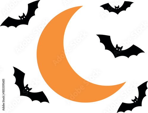 Halloween night scene with orange crescent moon and flying black bats in the sky