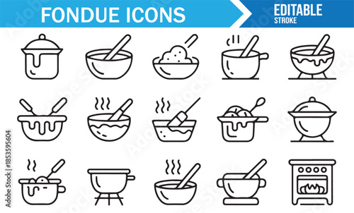 Cheese and chocolate fondue editable line icons