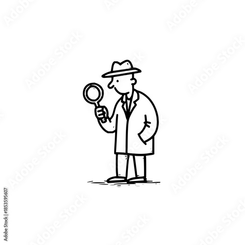 Cartoon detective in coat and hat holding magnifying glass looking at something on the ground carefully