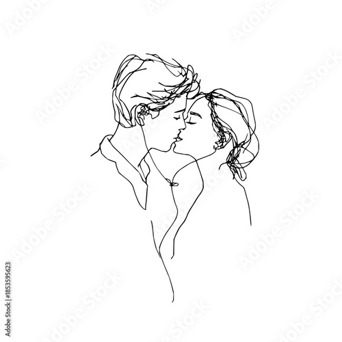 Minimalist line art depicting a couple kissing with their eyes closed in a tender and romantic embrace