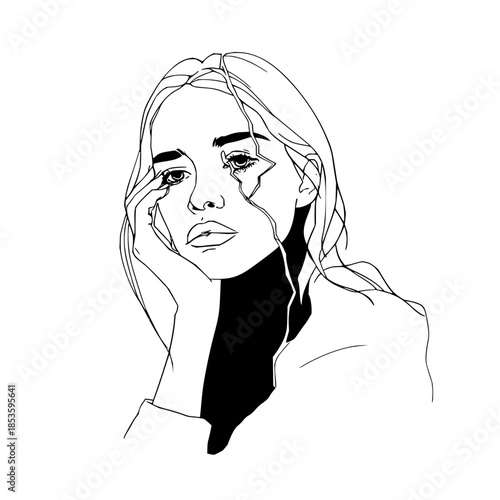 Line art of a woman with hand on face and a crack like design coming from her eye with a black fill
