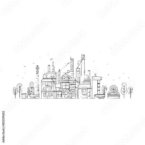A monochrome line drawing of an industrial cityscape with trees and various buildings sketched out nicely