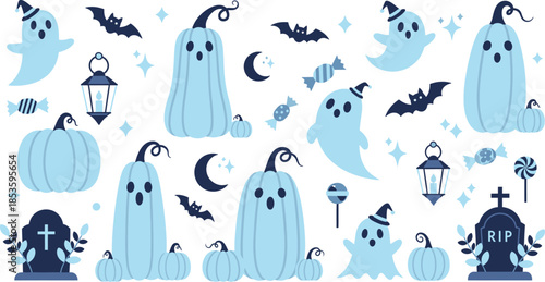 Halloween themed illustrations of ghosts bats pumpkins and tombstones on white background