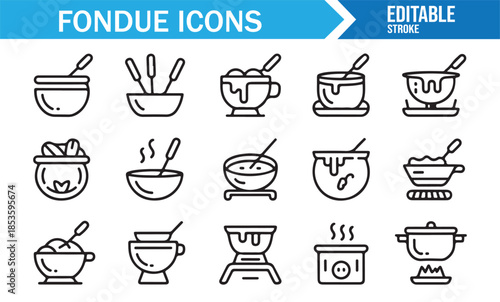 Fondue outline icons set for food and cooking design