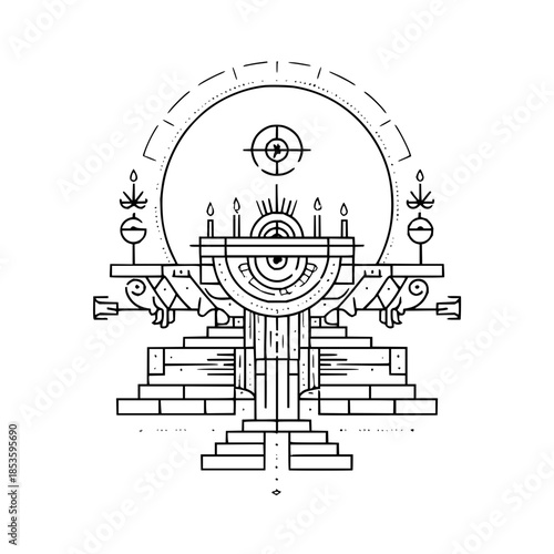 Illustration of a detailed altar with an eye, candles, and geometric designs in a line art style
