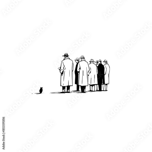 A group of men in coats and hats stand facing a small black cat in a stark black and white drawing style