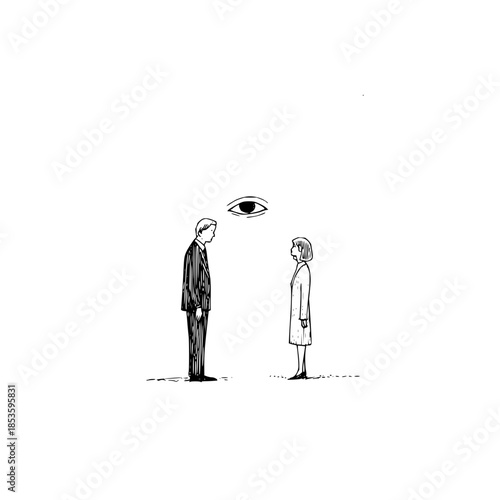 A minimalist illustration of a man and woman facing each other with a floating eye above them in black and white