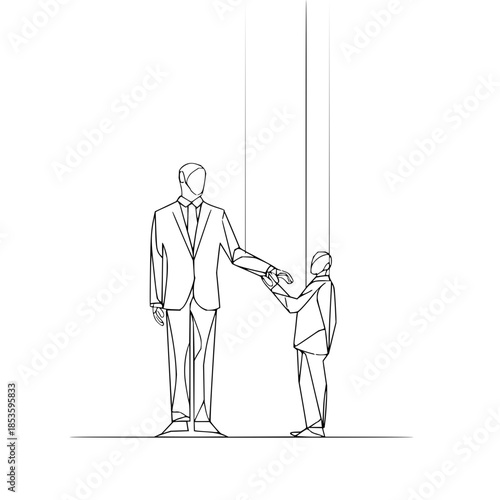 Illustration of two figures in suits connected by strings depicting manipulation and control dynamics of power