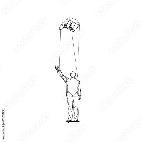 Illustration of a man controlled by a hand puppet with strings attached to his body in black and white