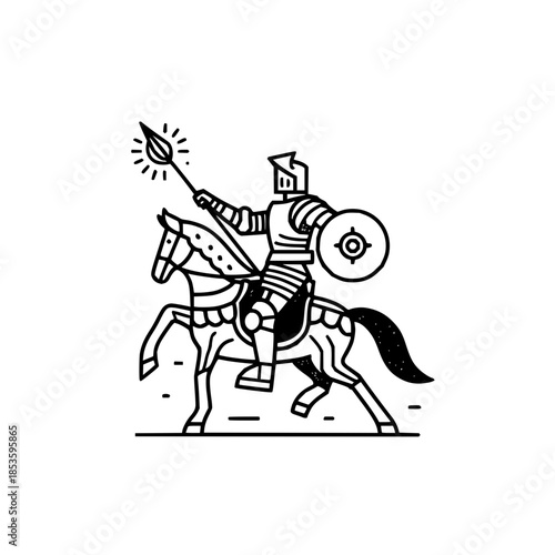 Illustration of a knight in armor riding a horse and holding a spear and shield in a line art style