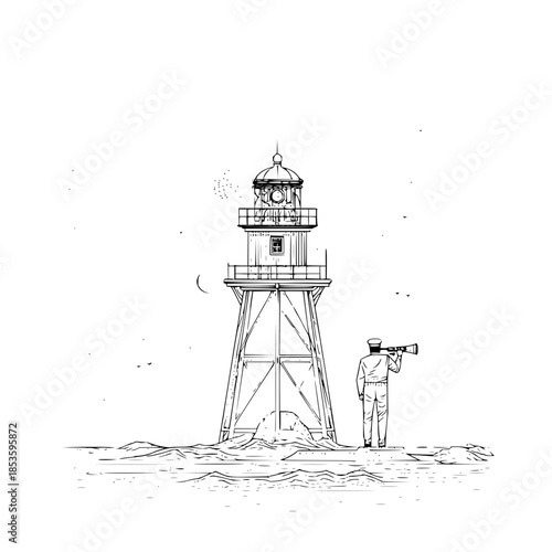 Illustration of a lighthouse with a sailor using a spyglass on a rocky shore near the ocean view