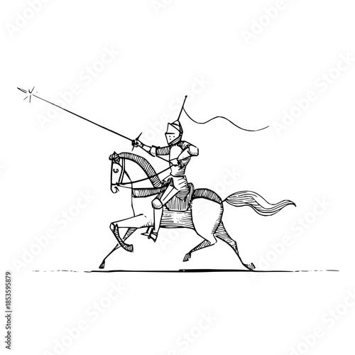 Sketch of a knight in full armor riding a horse with a lance pointing forward in a black and white drawing