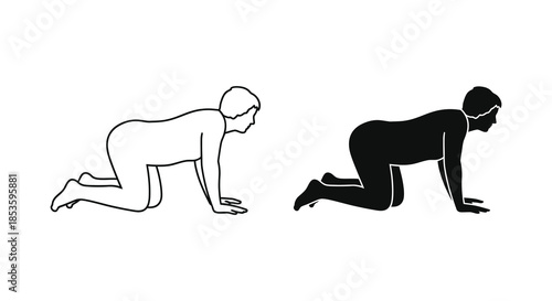 A contrasting depiction of a person in a crawling position shown in both line art and silhouette