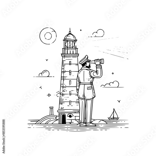 A lighthouse scene with a man in uniform looking through a telescope on a nautical landscape drawing