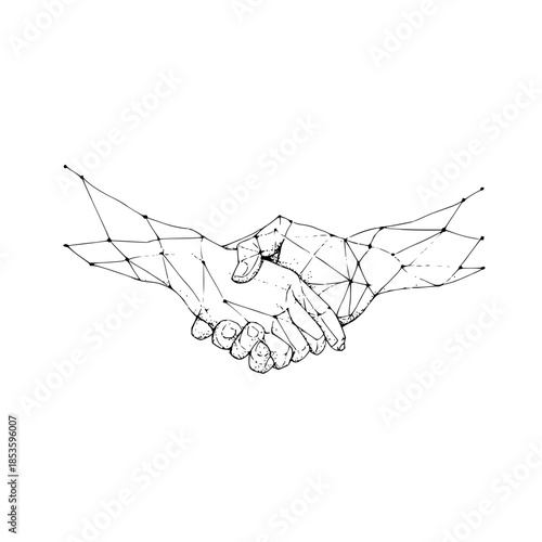 Geometric handshake illustration depicting two hands clasped together with connected lines and dots design