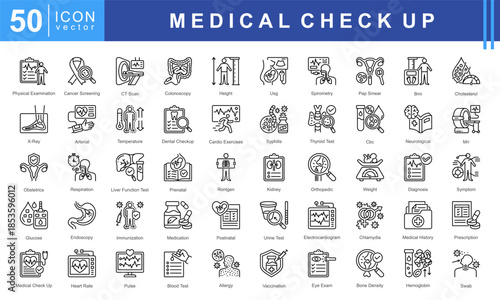 Medical Checkup icon set featuring physical exam, cancer screening, CT scan, X-ray, diagnosis, immunization, blood test, and medical history. Ideal for healthcare, clinics, and wellness services.