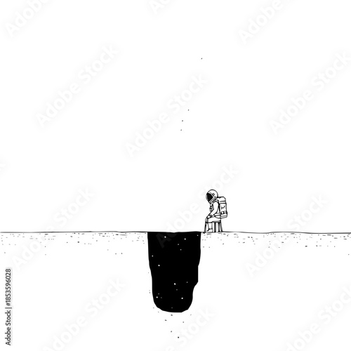 Astronaut sitting on a chair near a dark hole with stars on a white background in a minimalist style