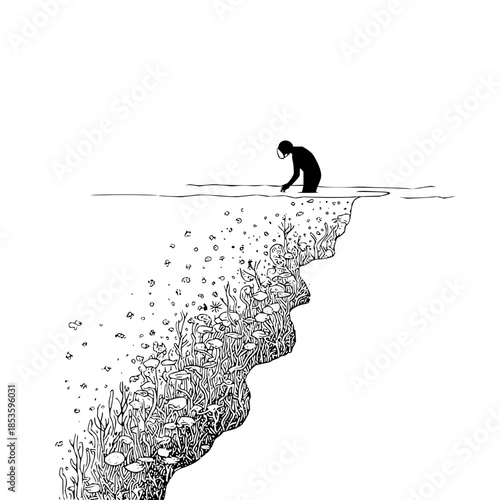 Illustration of a person reaching into water with underwater plants and fish in a black and white drawing