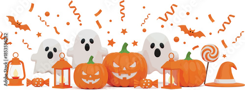 Halloween celebration with ghosts pumpkins and festive decorations on white background
