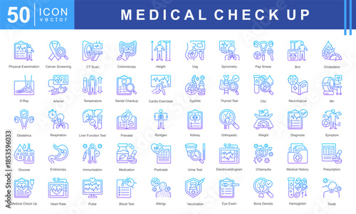 Medical Checkup icon set featuring physical exam, cancer screening, CT scan, X-ray, diagnosis, immunization, blood test, and medical history. Ideal for healthcare, clinics, and wellness services.