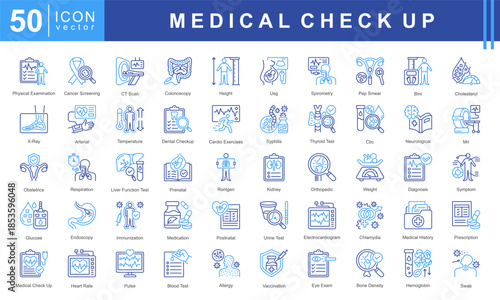 Medical Checkup icon set featuring physical exam, cancer screening, CT scan, X-ray, diagnosis, immunization, blood test, and medical history. Ideal for healthcare, clinics, and wellness services.