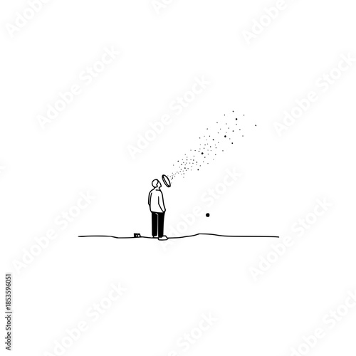 Person standing on a line with a ring above their head emitting a stream of small dots upwards in black and white