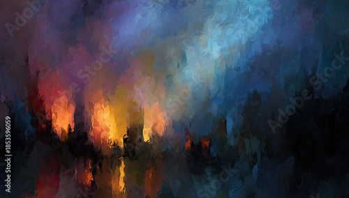 Abstract landscape with fiery glows amidst somber tones, suggestive of fire and smoke