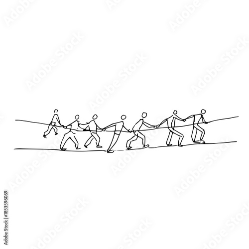 Line drawing depicting a group of people walking on a tightrope while holding onto a rope for balance