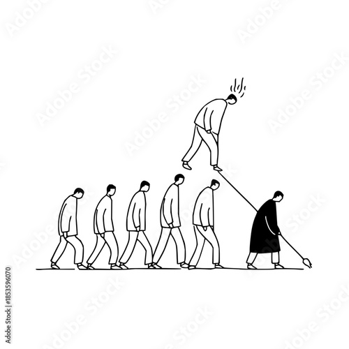 A line drawing depicting a group of people walking forward with one person elevated and stressed above them
