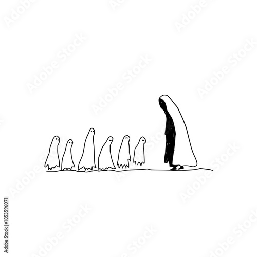 A line of small ghosts following a larger cloaked figure in a minimalist black and white drawing style