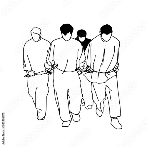 Four figures in white clothing are connected by rope in a black and white line drawing style image