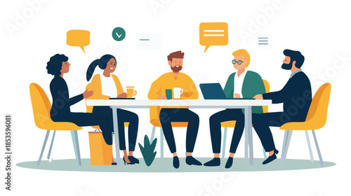 Diverse group of people seated around a table, engaged in discussion and collaboration