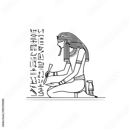 Egyptian figure kneeling and writing with hieroglyphs in black and white line art illustration style