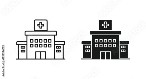 Simple black and white outlines depicting two hospital buildings showcasing medical facility architecture silhouette