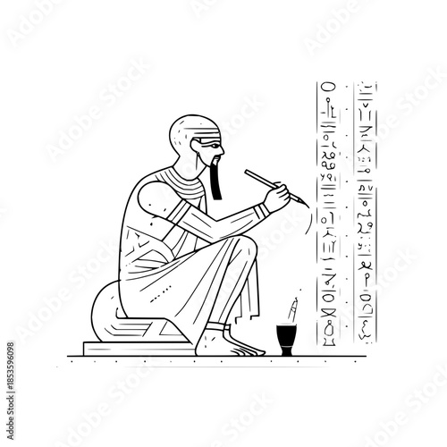 An egyptian scribe depicted in a line drawing writing on a wall with hieroglyphics in black and white