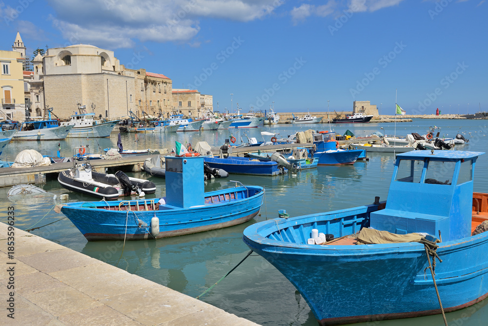 Obraz premium Fishing boats moored in scenic Italian harbor. Blue fishing boats docked in a vibrant harbor with historic architecture under a clear sky,