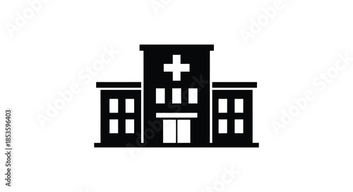 A striking black and white depiction of a hospital building in a minimalist silhouette