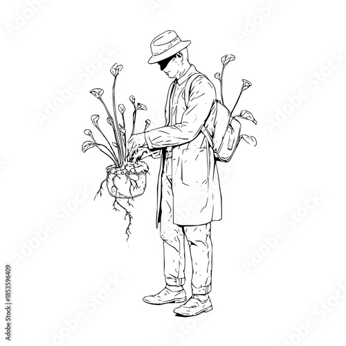 Illustration of a man in a hat and coat tending to a potted plant with a backpack on a white background